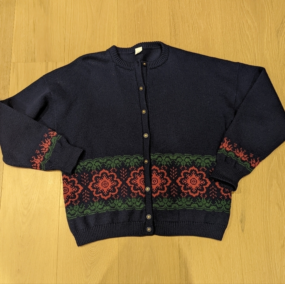 Navy Wool Cardigan with Floral Pattern